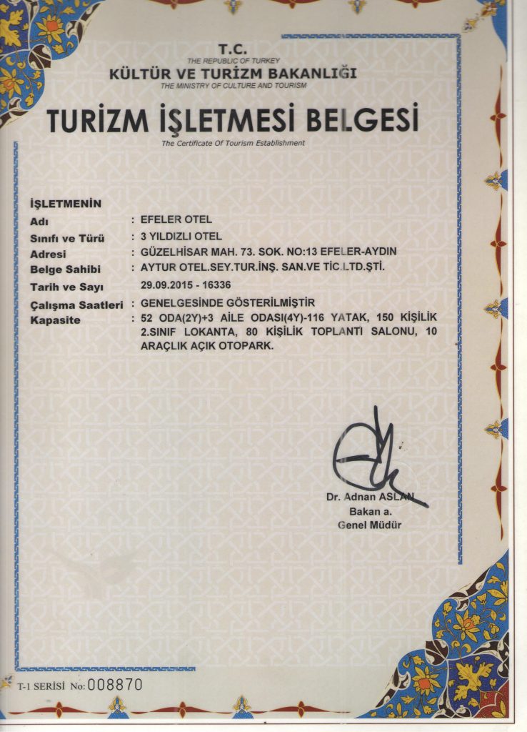 Efeler Hotel Turizm İşletme Belgesi